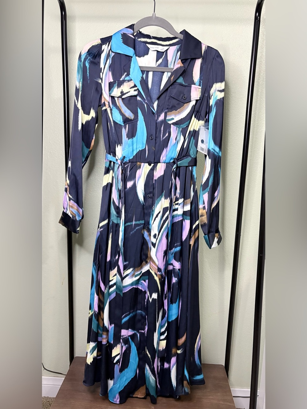 NWT Nine West Navy Brushstroke Abstract Print Long Sleeve Maxi Shirt Dress Size